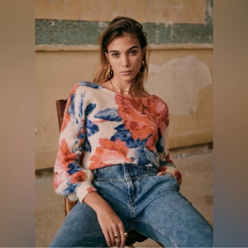 Sezane Floral Knit Sweater in Cream, Blue & Orange